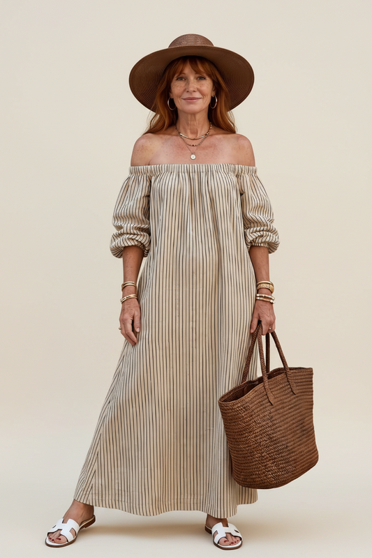 Novelle North® | Off Shoulder Vertical Stripe Pattern Midi Dress