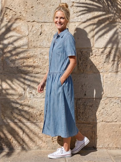 Novelle North® | Gathered Waist Collar Front Midi Dress