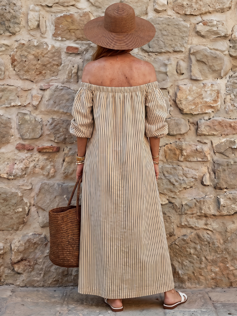 Novelle North® | Off Shoulder Vertical Stripe Pattern Midi Dress