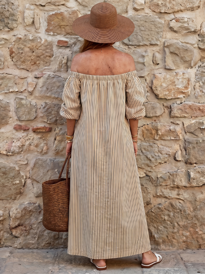 Novelle North® | Off Shoulder Vertical Stripe Pattern Midi Dress
