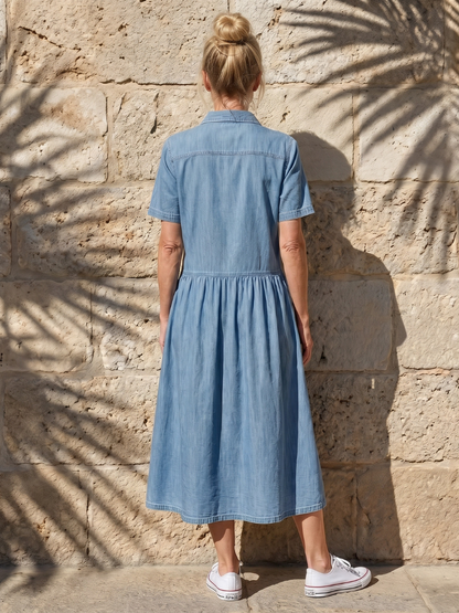 Novelle North® | Gathered Waist Collar Front Midi Dress