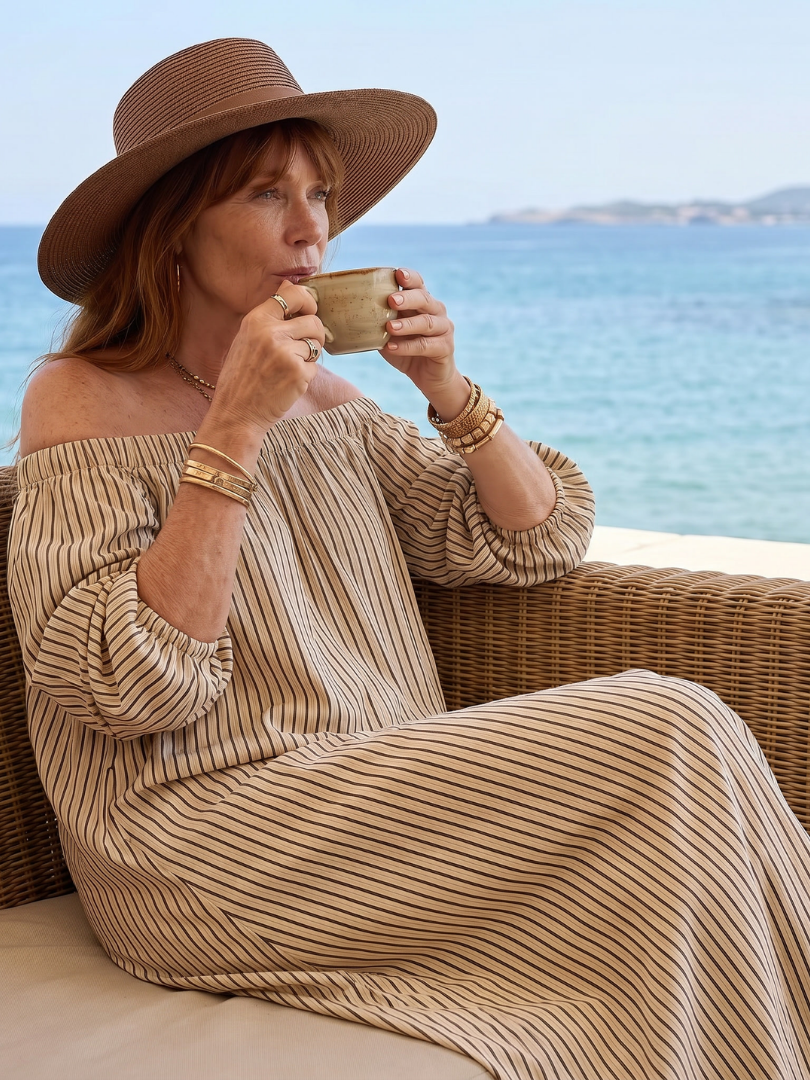 Novelle North® | Off Shoulder Vertical Stripe Pattern Midi Dress