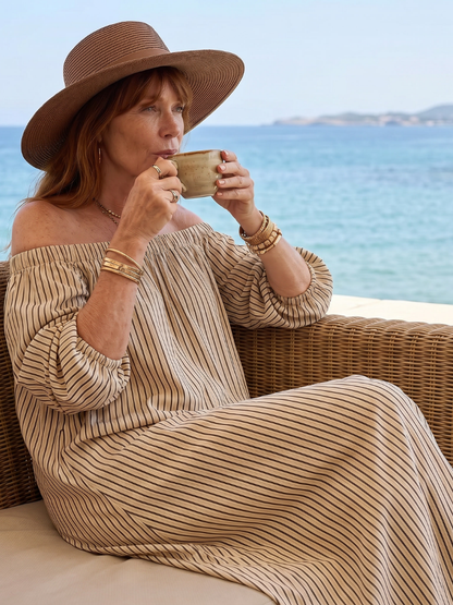 Novelle North® | Off Shoulder Vertical Stripe Pattern Midi Dress