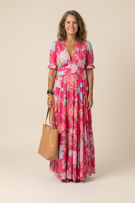 Novelle North® | Short Sleeve V Neck Floral Midi Dress