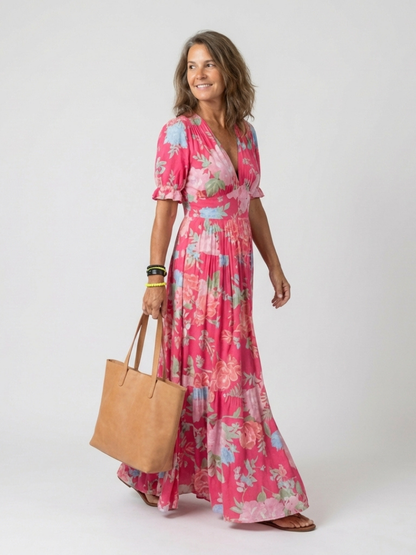 Novelle North® | Short Sleeve V Neck Floral Midi Dress