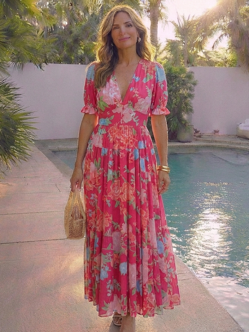 Novelle North® | Short Sleeve V Neck Floral Midi Dress